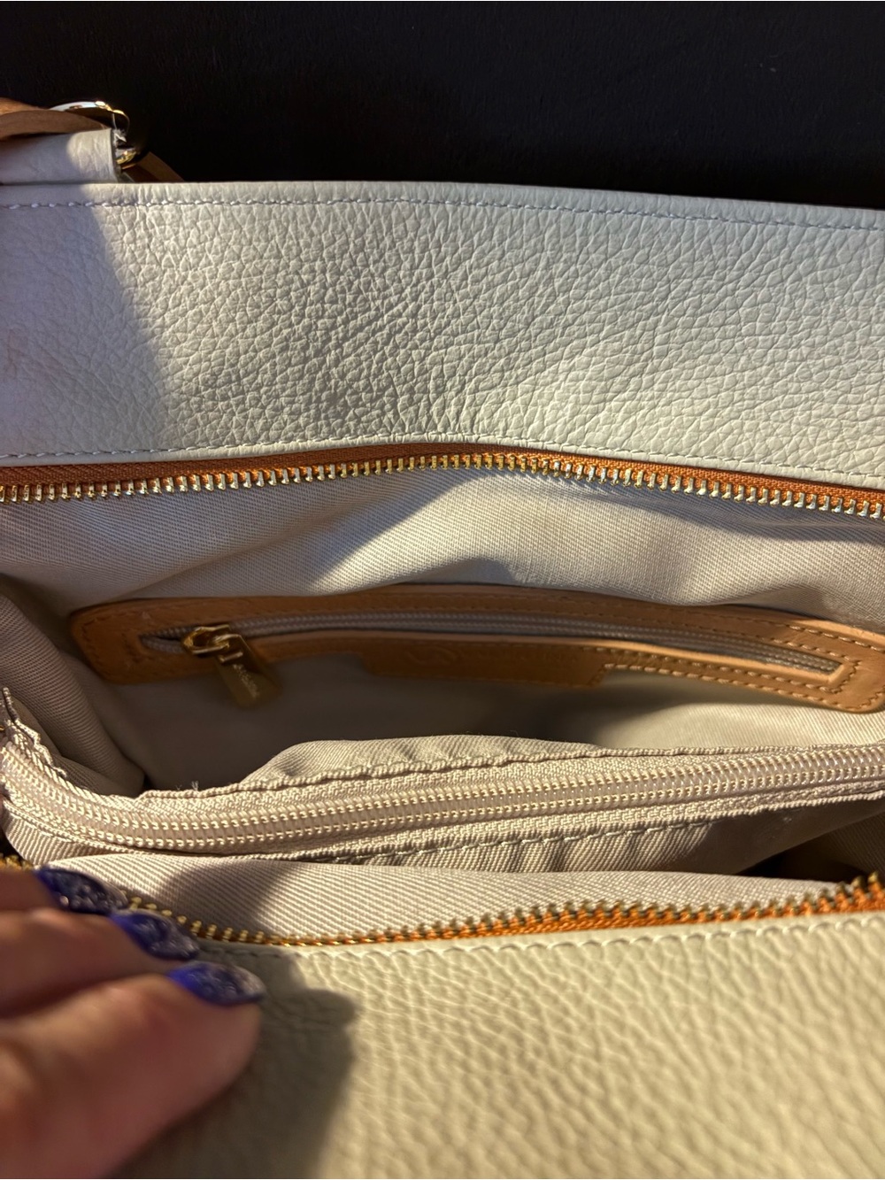 White and Tan Leather Tote Bag with Accent Trim - Picture 6 of 7